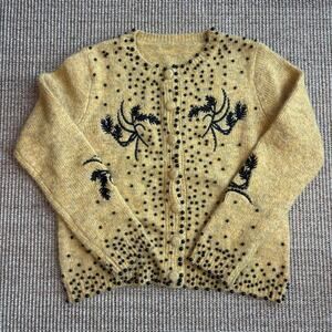 🌿 Beaded Botanical Cardigan | XS/S | Butter Yellow Black